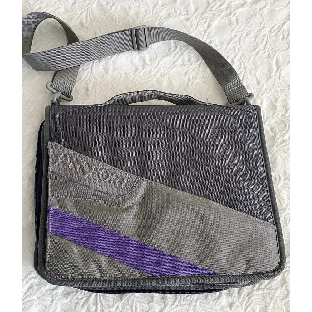 Vintage JanSport Laptop Organizer Bag Gray Purple Briefcase Messenger Bag 90s Y2